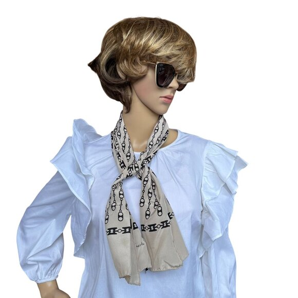 Vintage La Belle Creole Paris Silk Scarf Beige Black Chain Print 42inx10in Glam - Picture 11 of 11